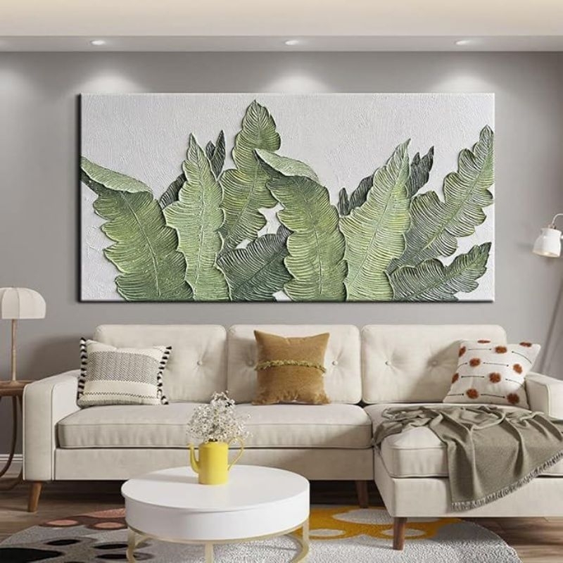 Lukisan dinding ruang tamu daun pisang bertekstur modern art painting