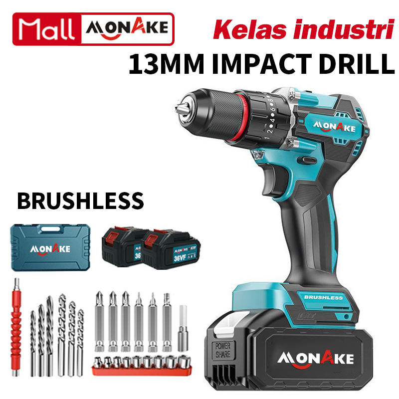 MONAKE Alat Jerman Brushless 3in1 Impact Mesin Bor Listrik Bor Baterai Bor Listrik Bor Tanpa kabel M