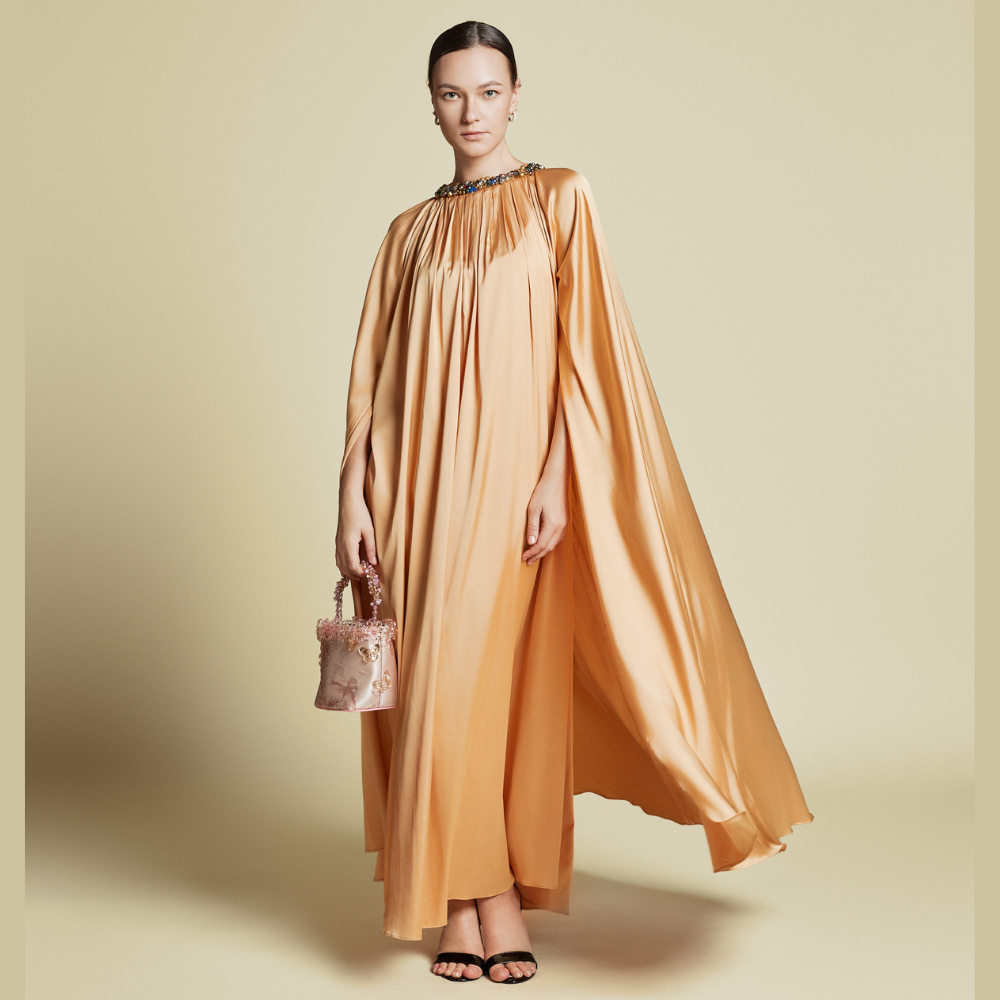 Kaftan Wanita Premium Crystal Embellished Cape Kaftan Light Peach