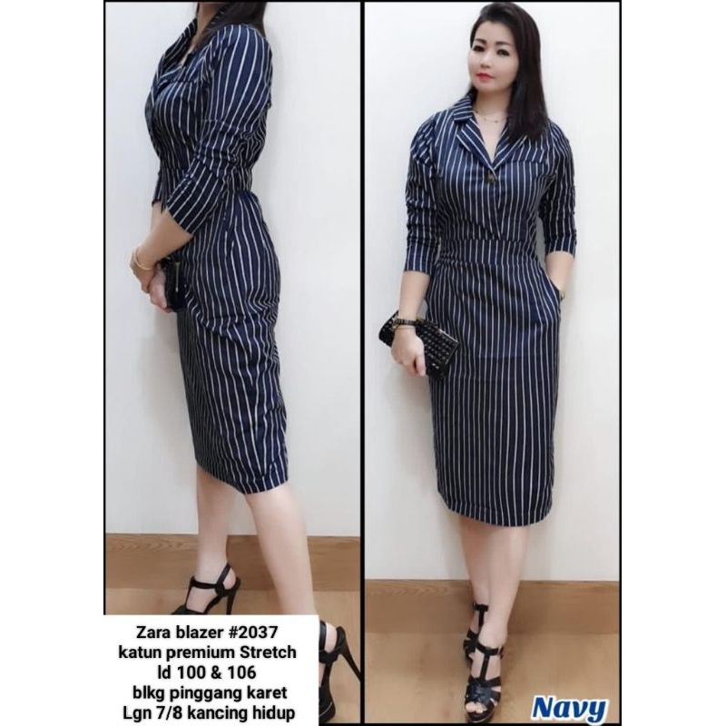 Blazer Dres Salur 2037 Navy Katun Premium Stretch - Wanita, Pendek, Casual, Midi, Baju, Panjang