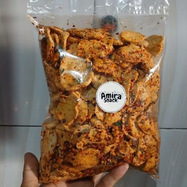 

PROMO 1kg Basreng koin pedas mantap extra daun jeruk by Amira Snack Cemilan pedas