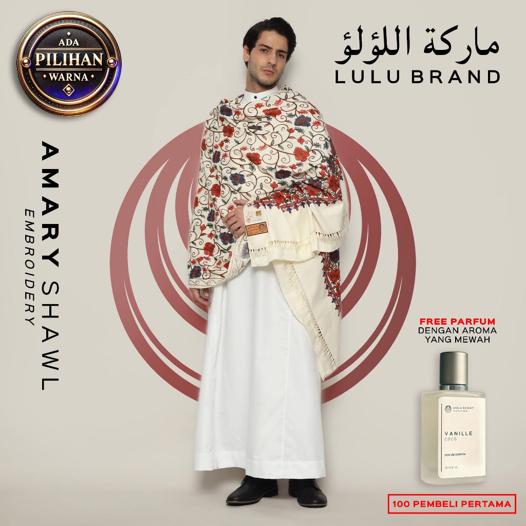Sorban Kashmiri Bordir Rida Motif Sulam Premium Surban LULU BRAND 438 Amary Shawl Putih Hitam