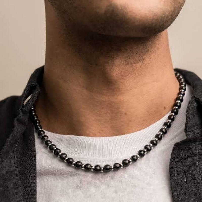 Kalung Pria Mutiara Casual Black Silver | Black necklace