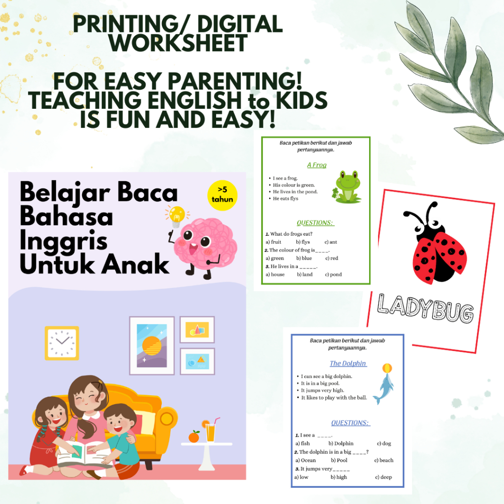 WORKSHEET BACA BAHASA INGGRIS DIGITAL/PRINTABLE ANAK PINTAR BELAJAR BAHASA