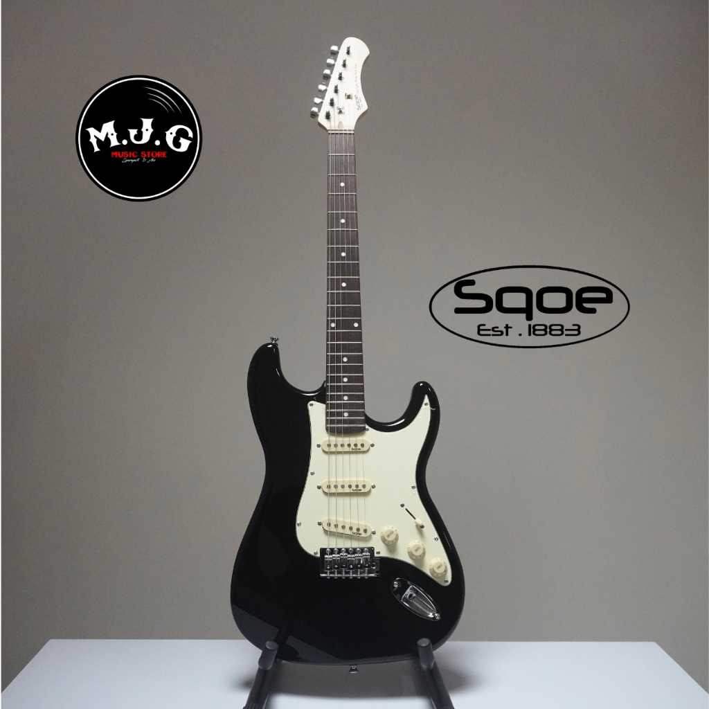 gitar elektrik Stratocaster sqoe SEST200 genesis series black hitam SSS single coil pickups