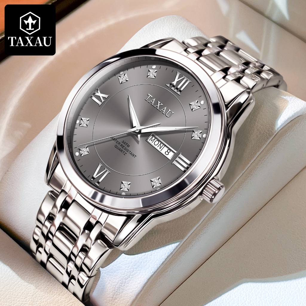 TAXAU Jam Tangan Pria Original Analog Stainless Steel Rantai Anti Air Casual Jam Tangan Elegan Pria
