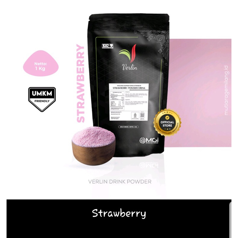 

Verlin Drink Powder rasa stawberry kemasan 1 kg/ bubuk. Bubuk minuman kekinian.