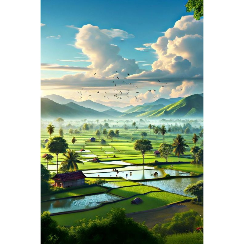 poster cetak, pemandangan pesawahan, hiasan dinding, pemandangan pesawahan, bisa cod