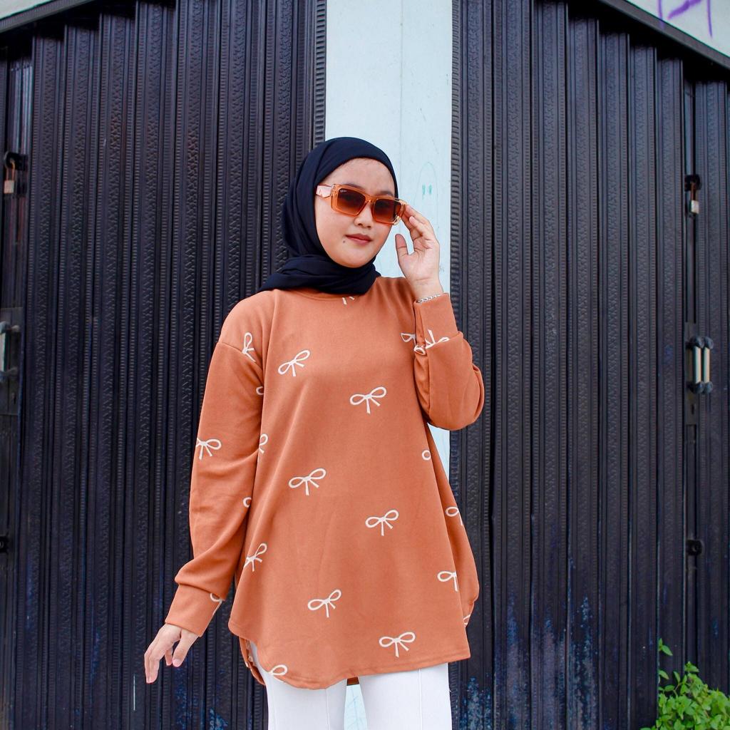 Atasan Knit Kanaya Blouse Motif Pita Lengan Manset Lokal By fx - Atasan wanita