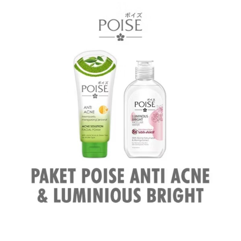 (Paket Hemat Poise) Poise Sabun Cuci Muka Facial Foam Anti Acne 100gr & Micellar Water Luminous Brig