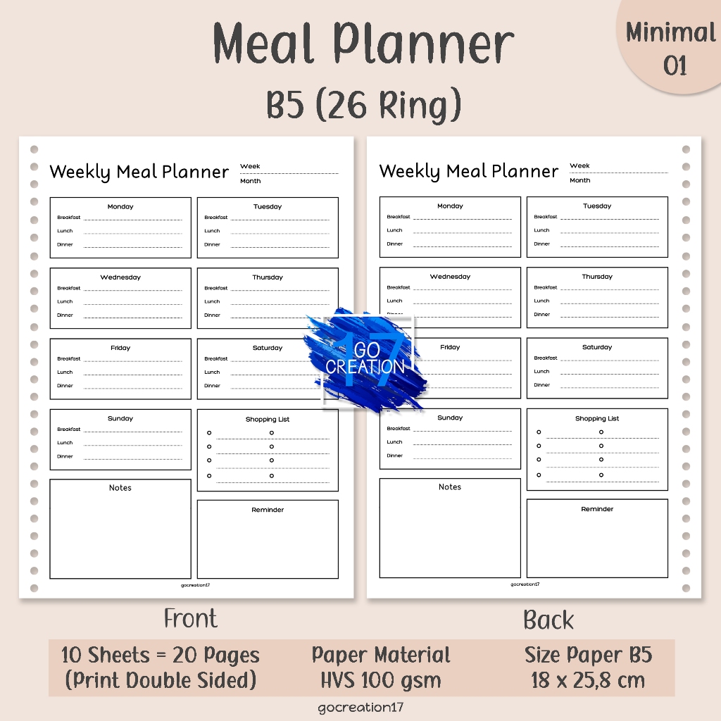 

Buku Planner Kertas Isi Binder Meal Plan Tracker Simple Minimalis B5