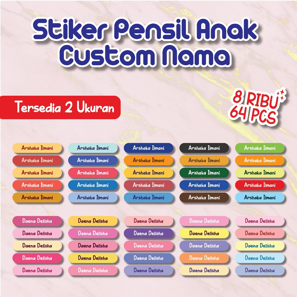 

64 PCS Stiker Label Nama Pensil Custom nama ukuran PENSIL atau PULPEN atau Pensil Warna