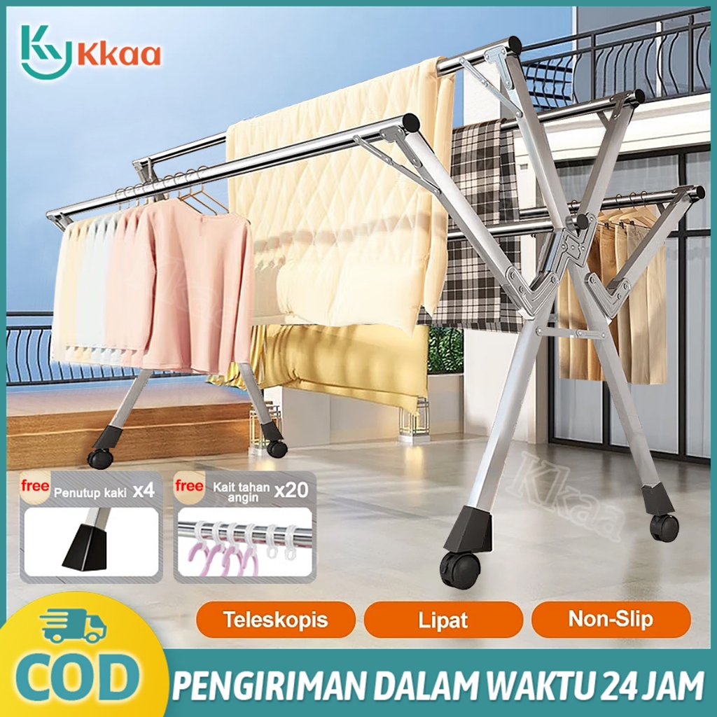 Jemuran Baju Lipat 5 Tiang Jemuran Pakaian Anti Karat Kuat Tempat Jemuran Baju Portable Stainles Gan
