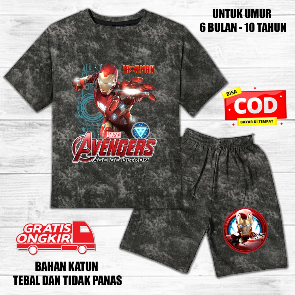 Setelan denim jeans anak laki laki perempuan lengan pendek set baju kaos pendek anak iron man 2