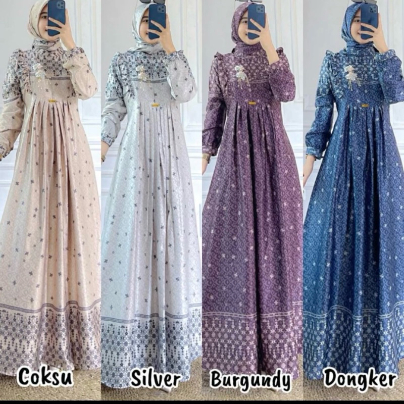 Khalisa Dress Set Hijab Gamis Silk Motif Terbaru Gamis Silk Warna Burgunduy