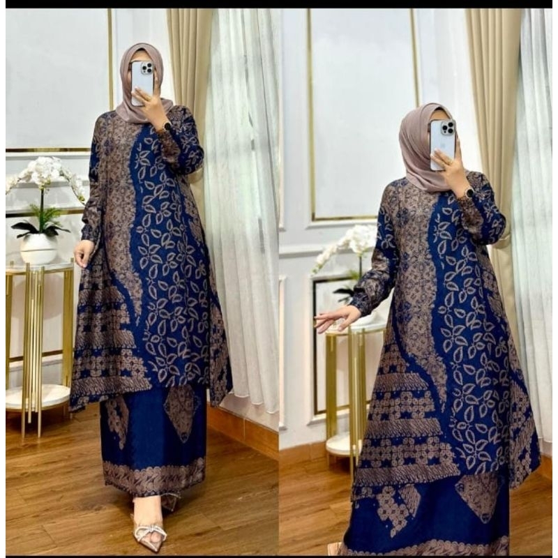 SET TUNIK BATIK SUTRA TERBARU MOTIF CANTIK MEWAH ELEGAN BEST SELLER REKOMENDED LEBARAN PESTA