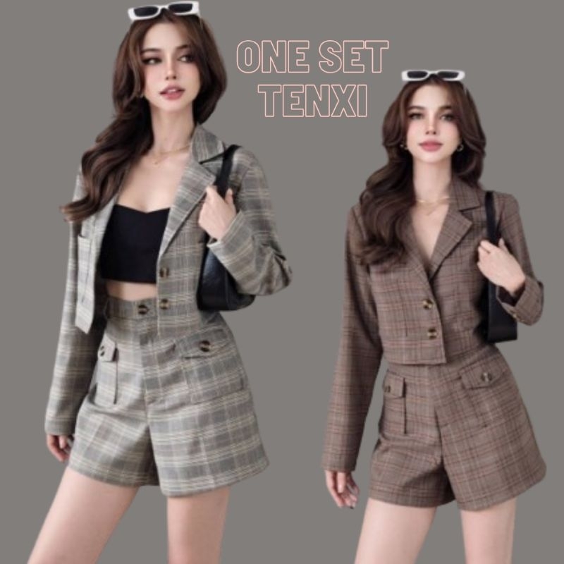 One Set Tenxi Set Wanita Korean Style Plaid Blazer + High Waist Short Premium Outfit Fashion Cewek E