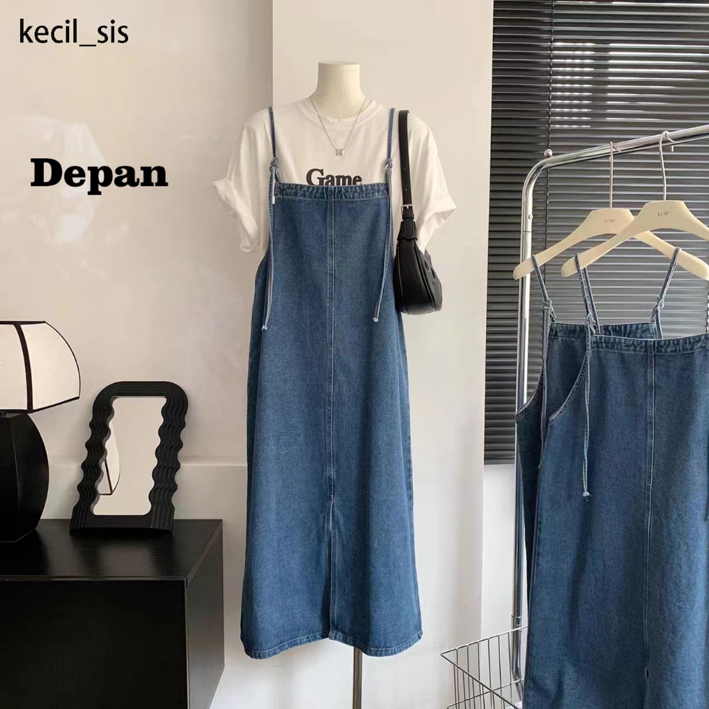 Stok Siap Midi Dress Midi Denim Jumbo Wanita Model Korean Style Overall Serbaguna Midi Dress Jumbo W