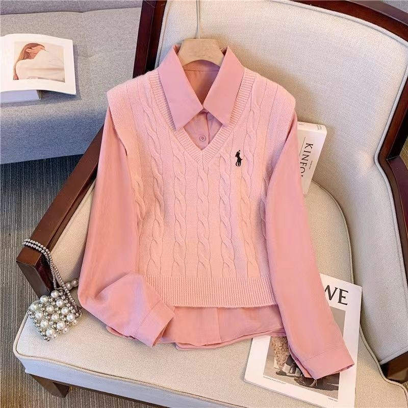 Setelan wanita longgar kecil segar kemeja lengan panjang rompi sweater rajutan