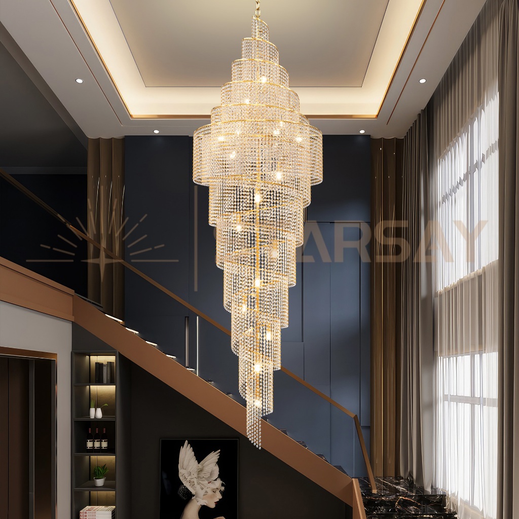 D80*250cmLampu Gantung Kristal 3Warna Tangga Panjang Modern Mewah Ruang Tamu Ruang Vila Hotel