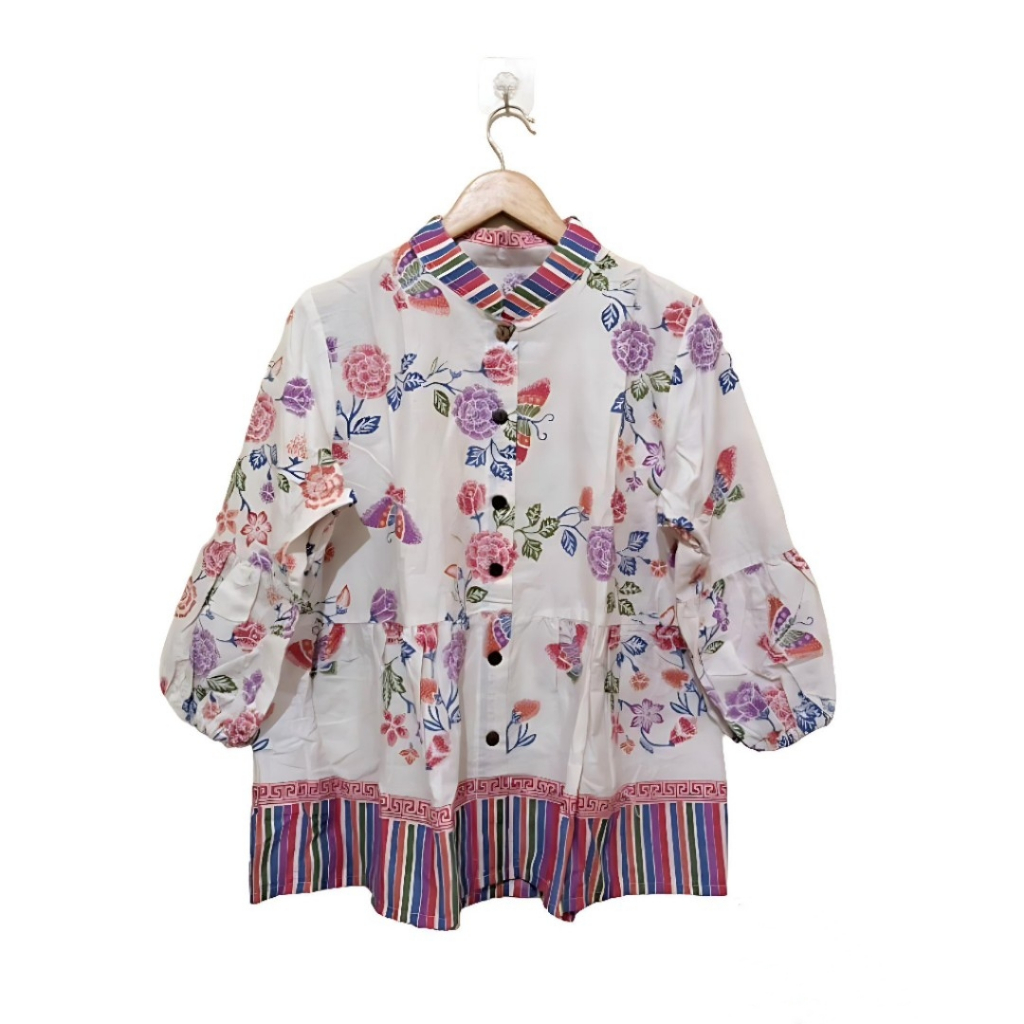 PREMIUM Blus Kasmaran Encim Flower Baju Atasan Batik Wanita Putih Jumbo Lengan Balon Katun Murah Kek