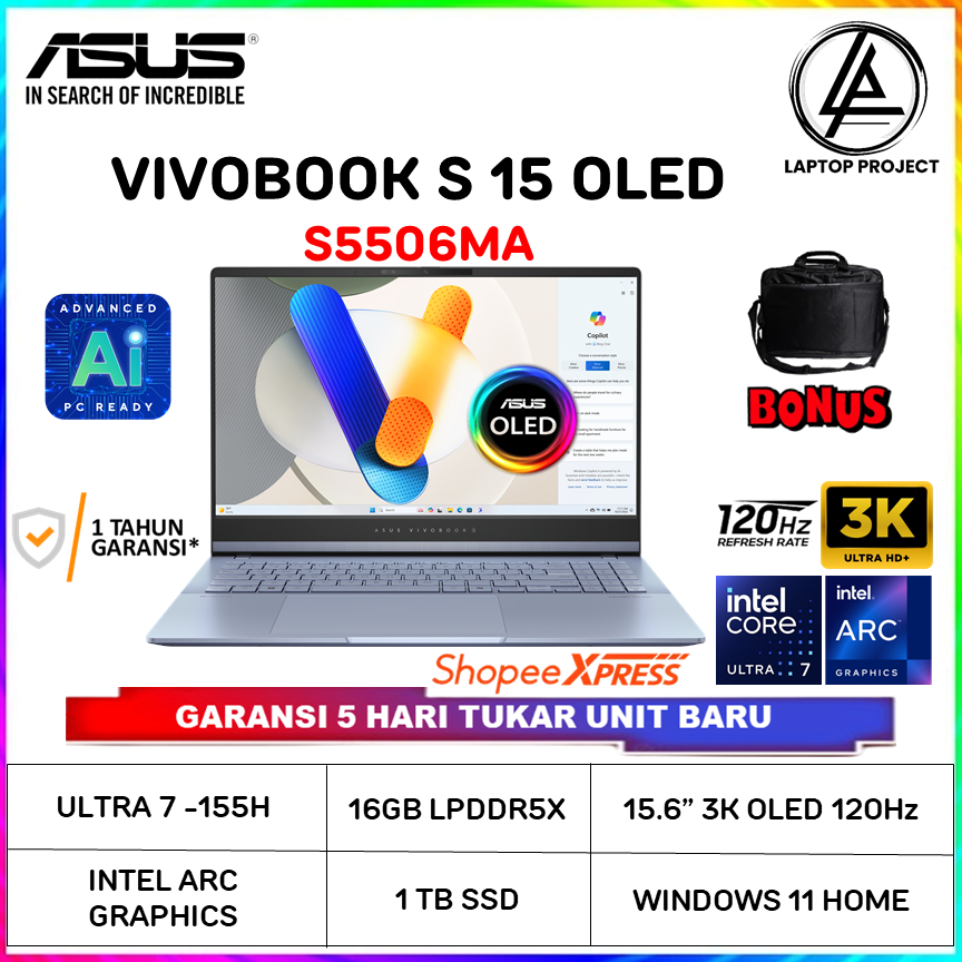 Laptop Asus Vivobook S15 OLED S5506MA Ultra 7 155H 16GB SSD 1TB 15.6" QHD 3K 120Hz Windows 11 Home