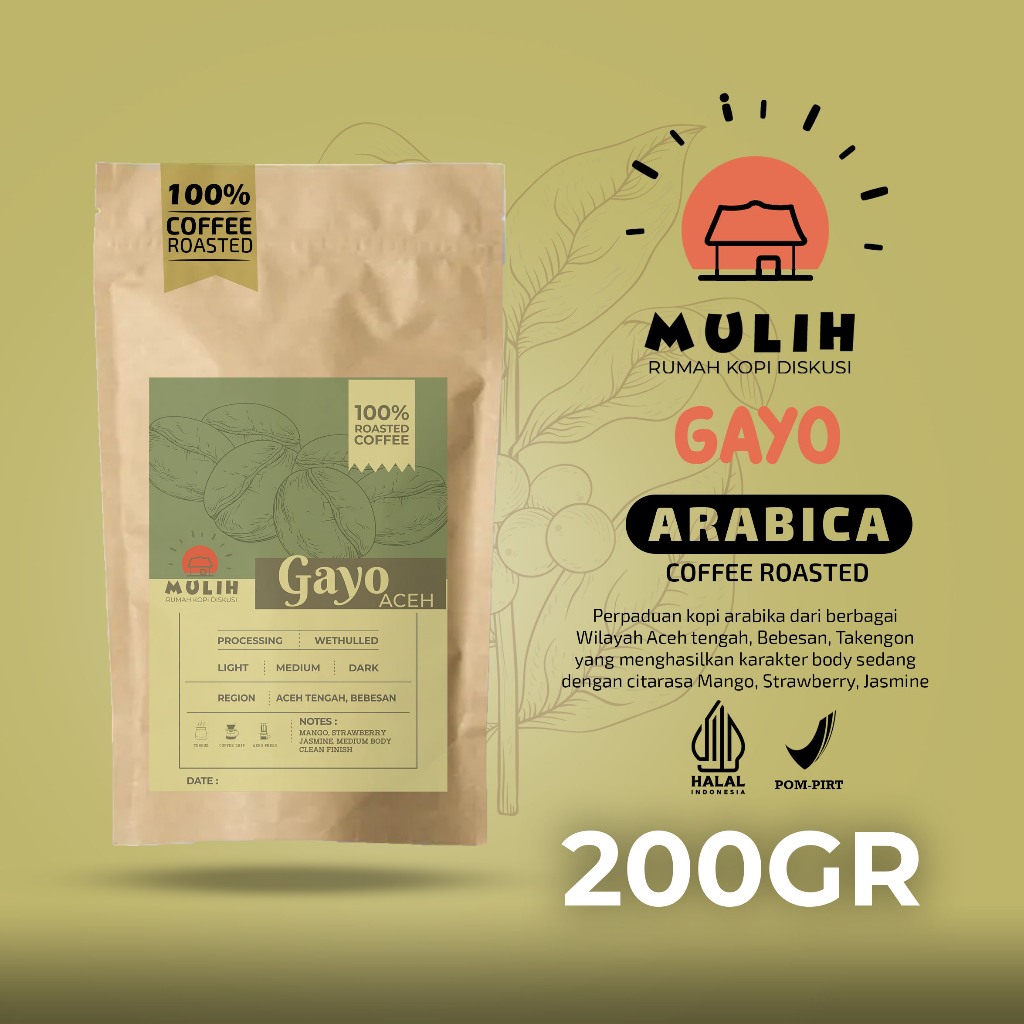 

Kopi Arabika Aceh Gayo Arabica Coffee Bean Biji Bubuk Asli 200 gr