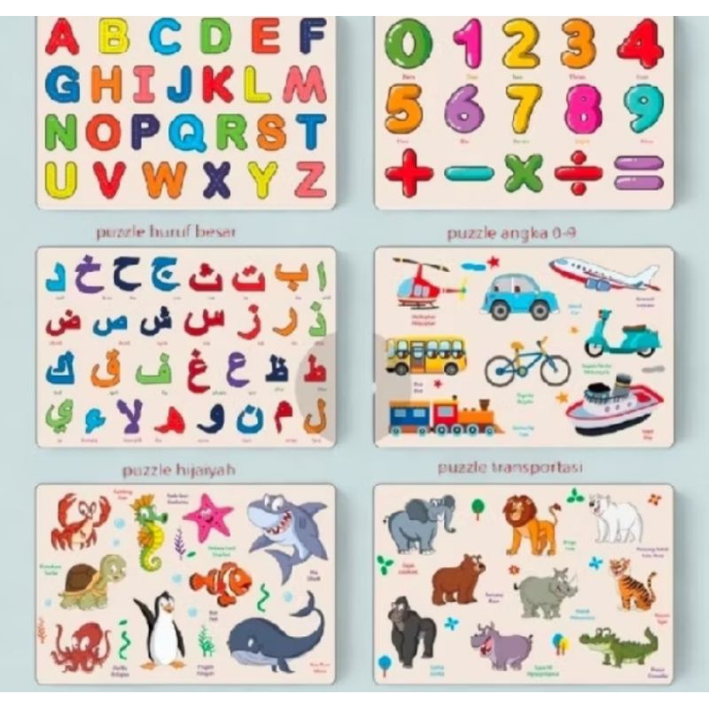 Puzzel/puzle kayu anak huruf angka hijaiyah hewan dan transportasi termurah motif terbaru