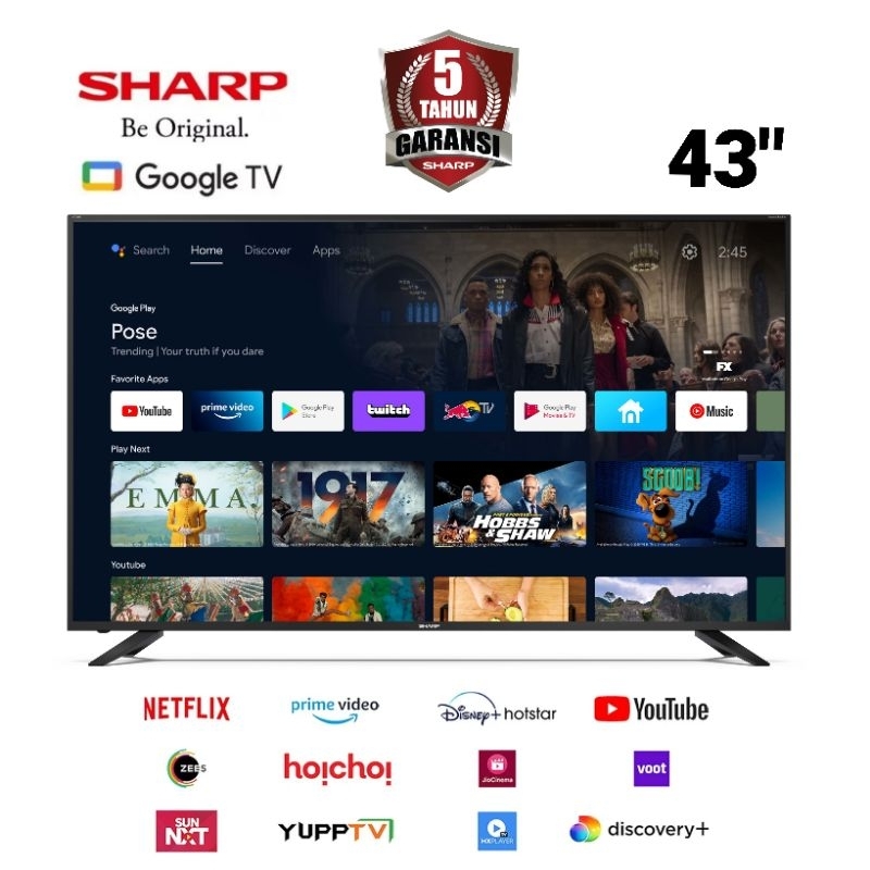 TERBARU LED SHARP Google TV 43 Inch - FHD Dolby Digital 2T-C43GH3000I Bluetooth DIGITAL GARANSI RESM