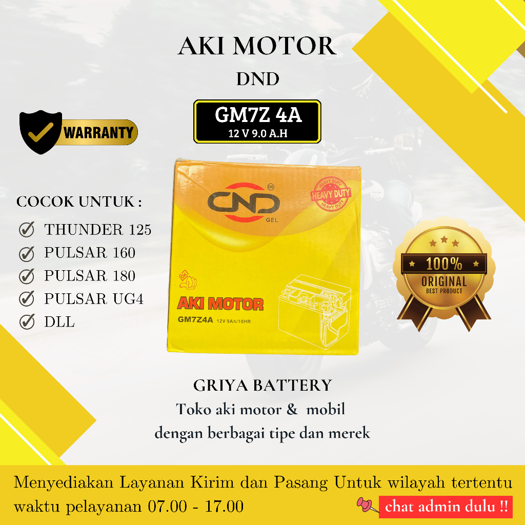Aki Kering Thunder GM7Z4A DND 9Ah - Untuk Bajaj Pulsar, Vespa, dan Motor Gerobak Roda 3