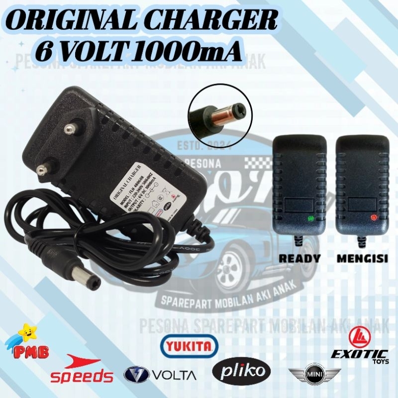 Charger original motor mobil aki anak 6volt 1 ampere Pliko pmb Volta yukita speeds mini