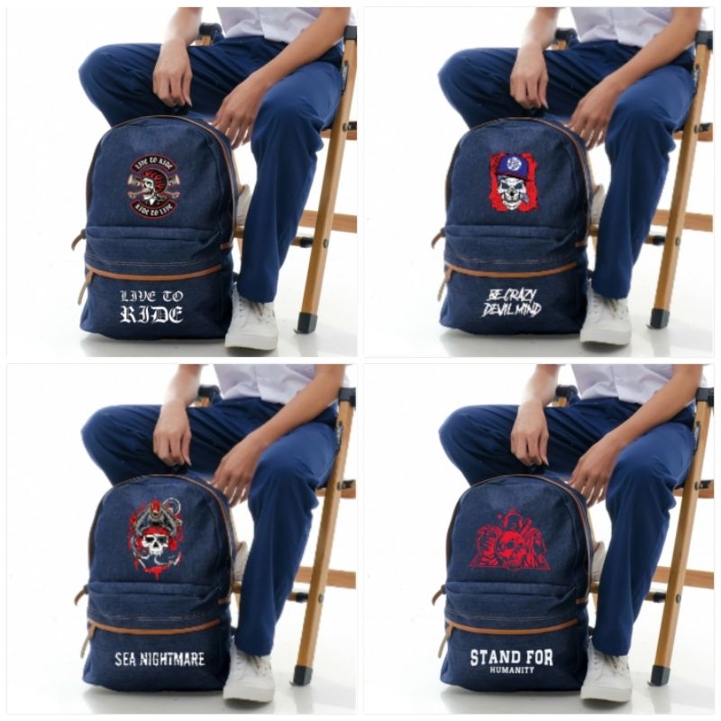 Tas Ransel Sekolah Pria Distro SMP SMU Denim Kantong Ransel Cowok Jeans Laki Tas Gendong
