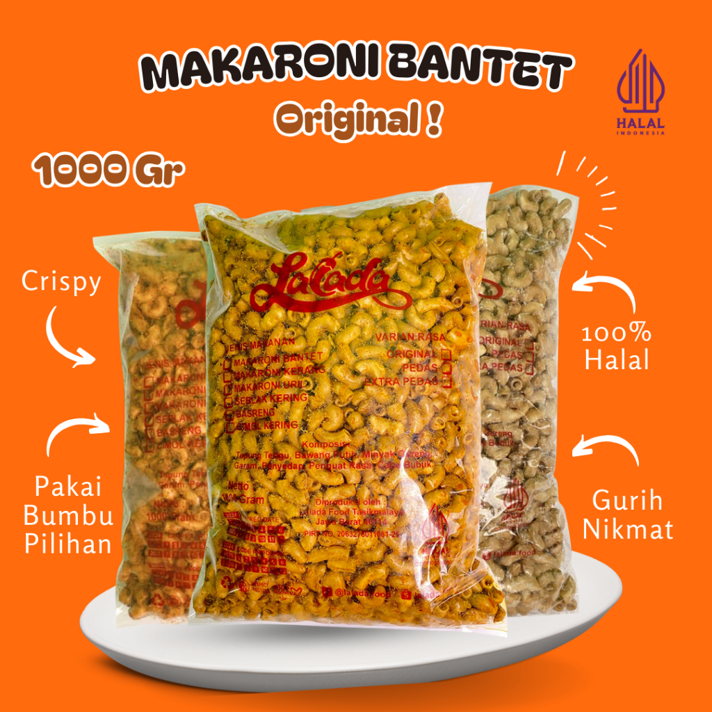 

LALADA - Makaroni Bantet Camilan Kemasan 1000 Gram Gurih Renyah Kriuk