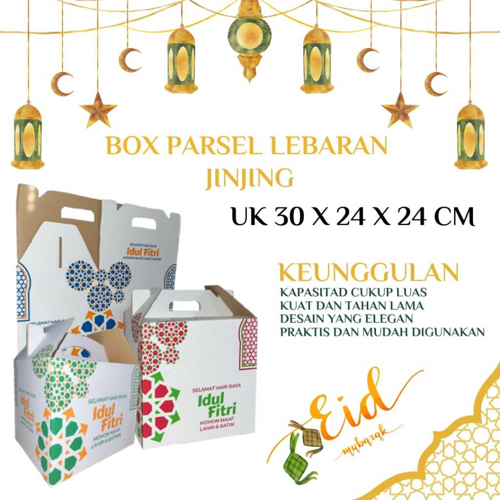 

BOX PARSEL LEBARAN JINJING UKURAN 30 X 25 X 24MM TEBAL 3MM MOTIF ISI 10PCS
