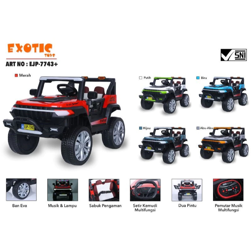 Mobil Aki Anak EXOTIC EJP7743+ (Ban Karet) EJP-7743 (Ban Plastik) Cas Charge Remote Jok Kulit Kendar