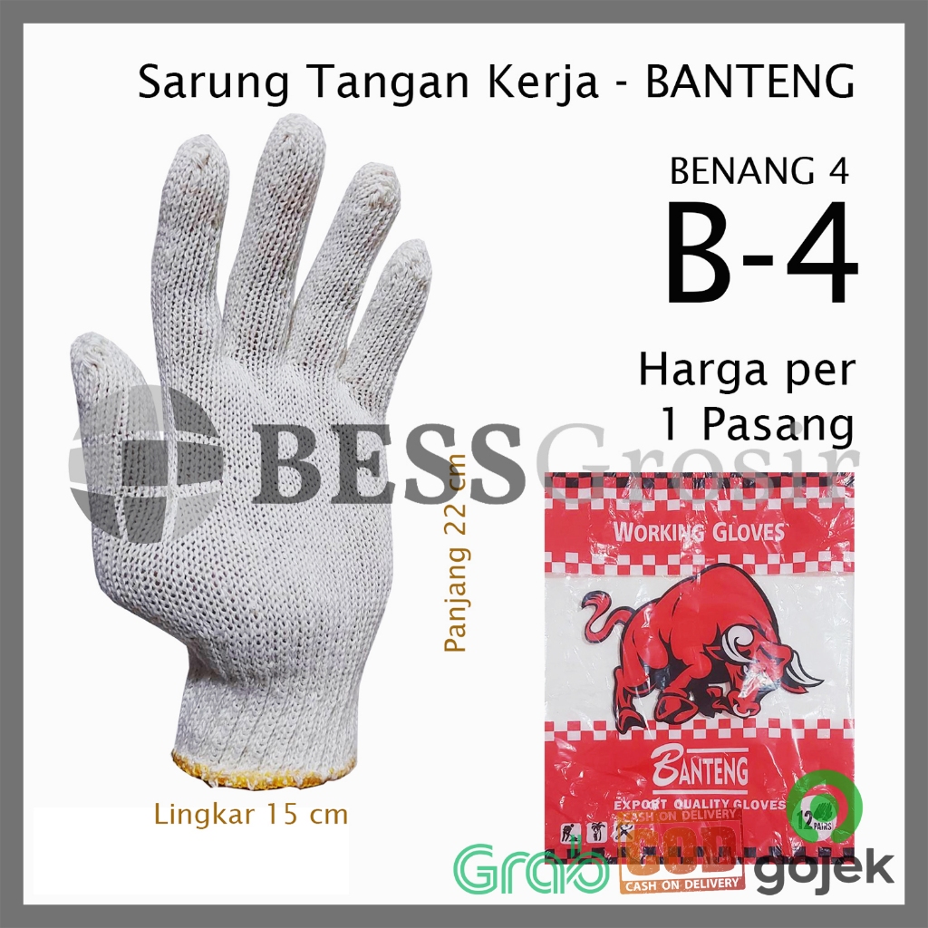 [1/3/6 Pasang] Sarung Tangan Kerja Benang 4 BANTENG Rajut Safety Gloves Putih W873 B4