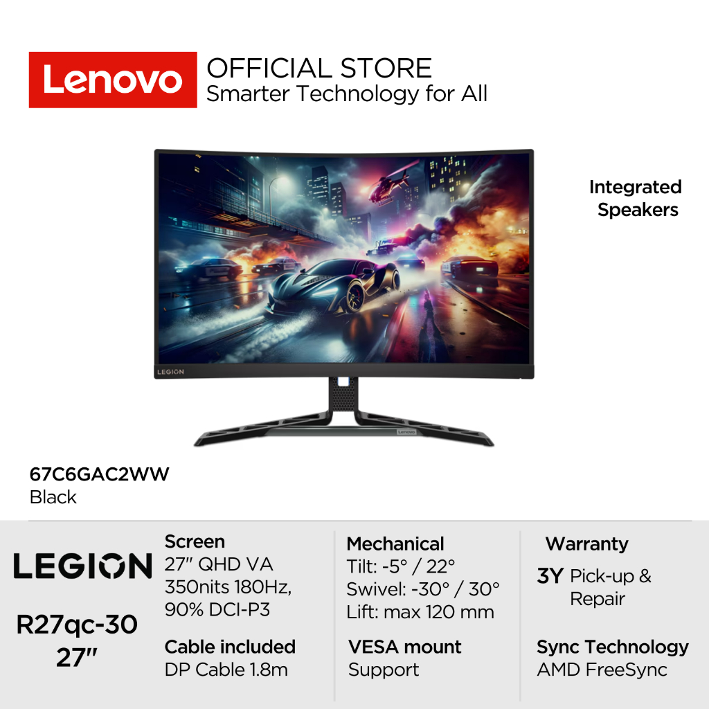 Lenovo Gaming Monitor Legion R27qc-30 27" QHD VA AMD FreeSync 48Hz-180Hz 99% sRGB Antiglare WLED Bac
