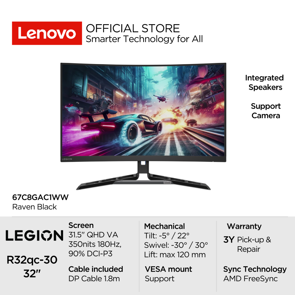 Lenovo Gaming Monitor Legion R32qc-30 31.5" QHD VA AMD FreeSync 60Hz-180Hz 99% sRGB Antiglare WLED B