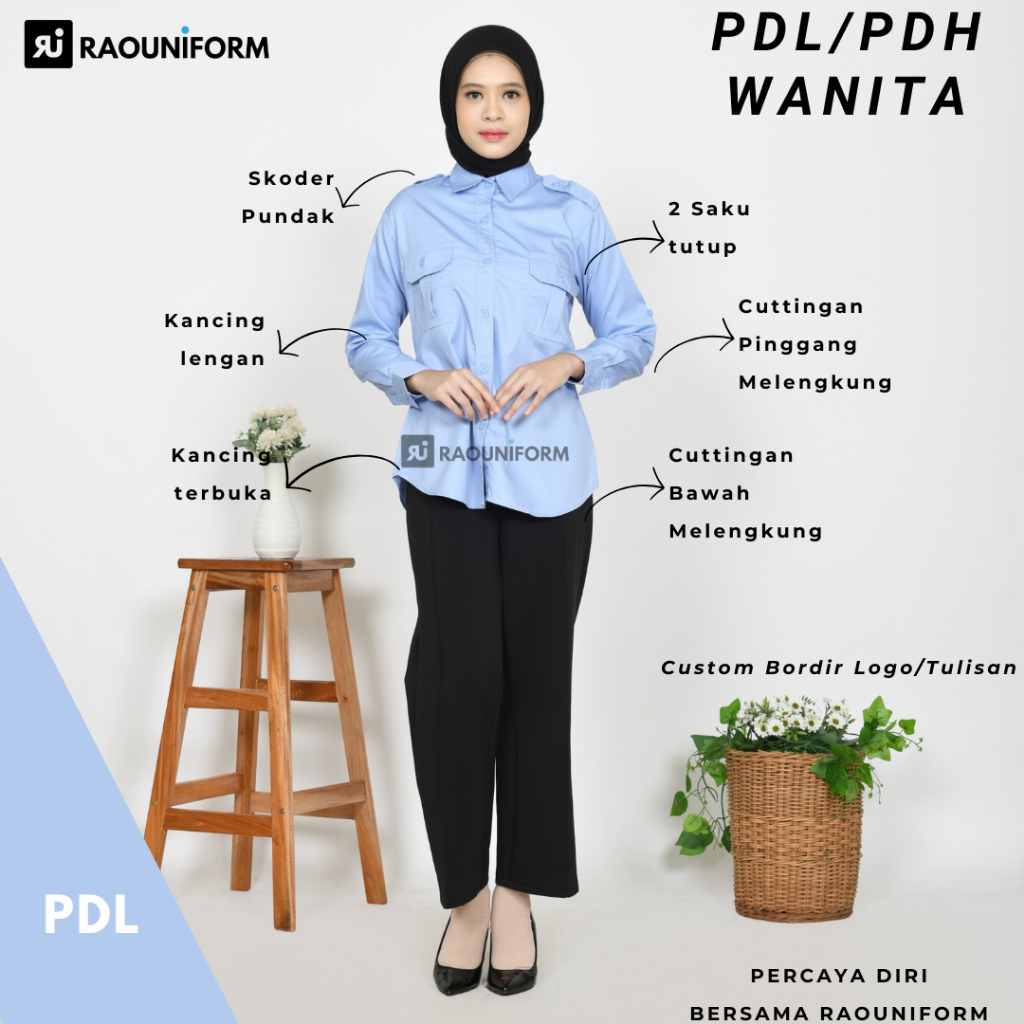 PREMIUM KEMEJA PDL WANITA LENGAN PANJANG/SERAGAM PUTIH DINAS PNS/BAJU PDL CUSTOM BORDIR/SERAGAM PDL