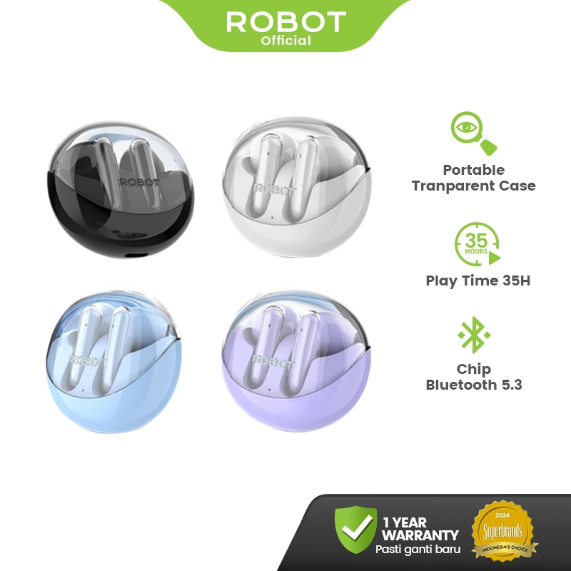ROBOT TWS True Wireless Earphone Bluetooth 5.3 TWS Case Transparan Flybuds T30 - Garansi 1 Tahun
