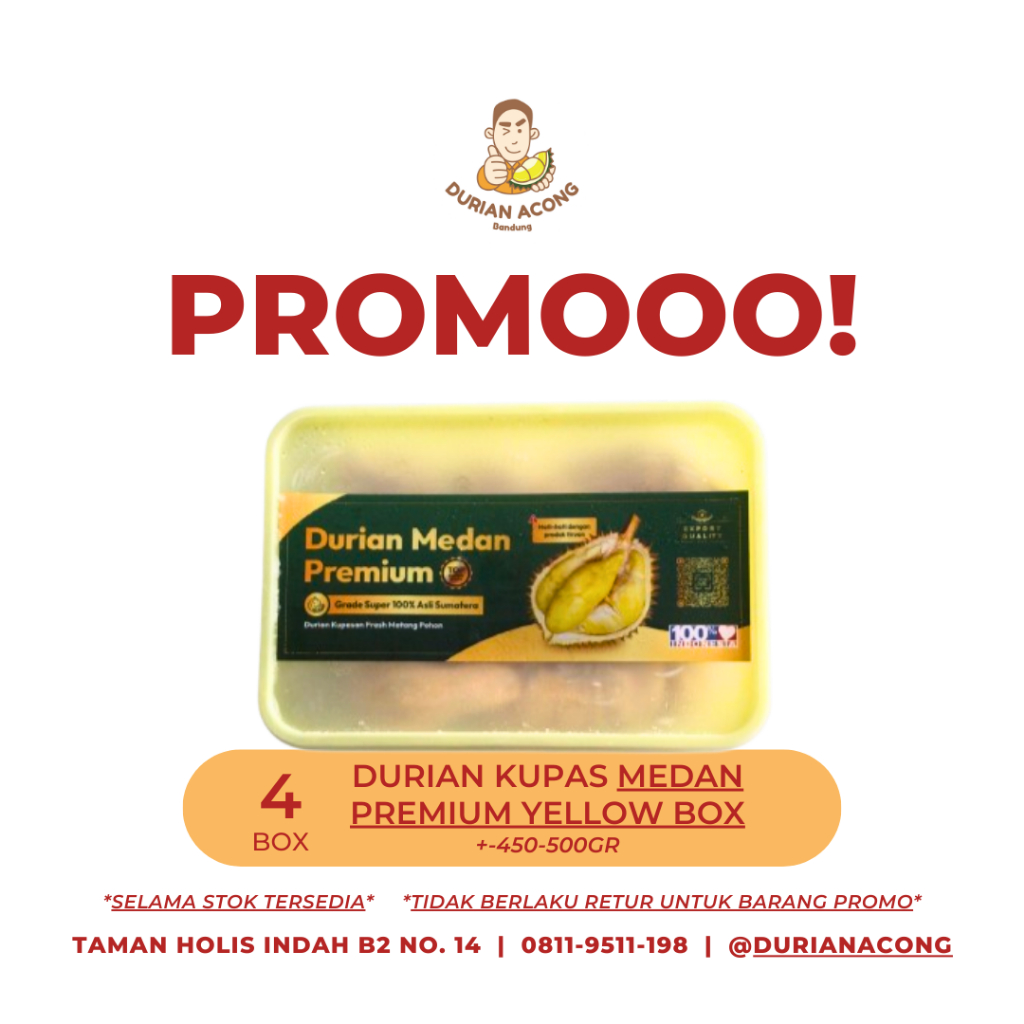 

PROMO - 4BOX Durian Kupas Medan Premium Yellow Box +-450-500gr
