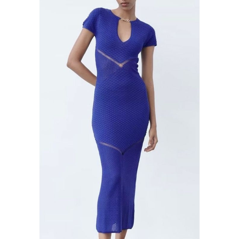 ZARA WOMEN BLUISH POINTELLE KNIT MIDI V-NECK DRESS | praloved masi baru belum pernah di gunakan