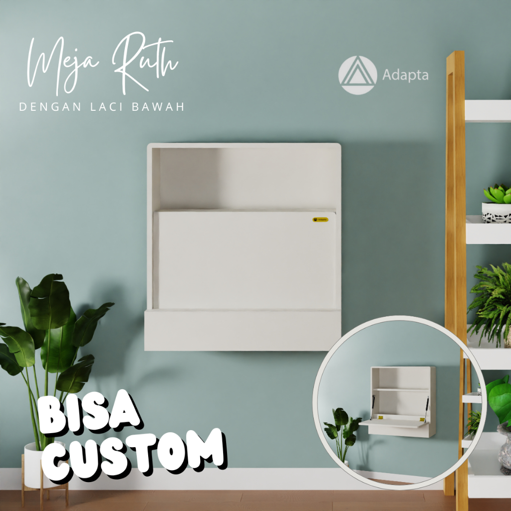Adapta - Meja Belajar Anak Tempel Dinding – Warna Putih dengan Rak Buku & Laci Bawah - RUTH-LACI-E13