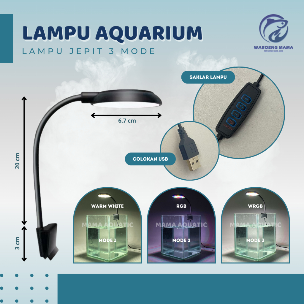 Lampu Jepit Aquarium 3 Mode Warna LED Aquascape Model Bulat Mini Clip Lamp