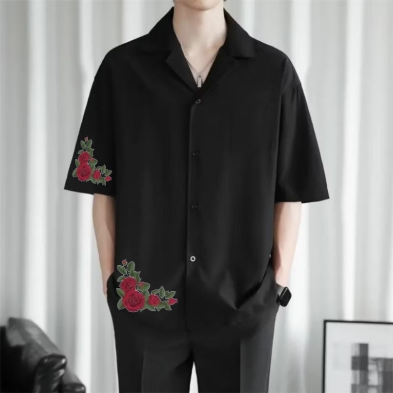 Kemeja Vintage Pria Lengan Pendek Motif Bunga Mawar Kemeja Pria Pantai Kemeja Hitam Pendek