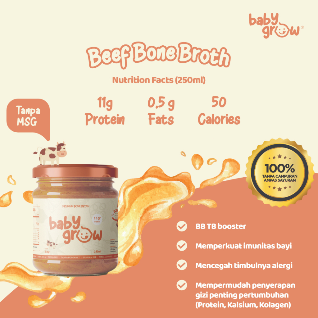 Babygrow - Kaldu Tulang Sapi Organik MPASI - Non MSG, Tinggi Kolagen Protein untuk Bayi 6+ bulan