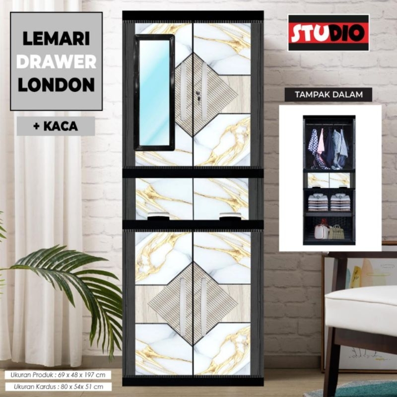 Lemari Pakaian/Lemari Baju Studio drawer gantung cermin(2 pintu panjang+laci)  Studio