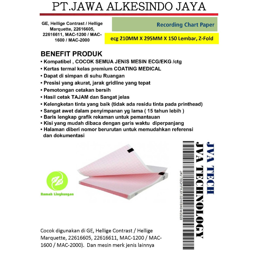 ECG paper Sheet,210MM X 295MM X 150 Lembar, Z-Fold,ge mac 1200, Cardiocare Tele Paper ,bahan kertas 