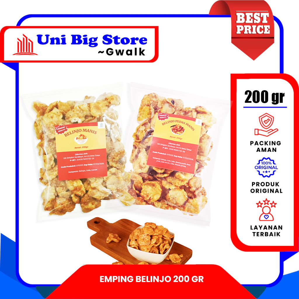 

EMPING BELINJO MELINJO MANIS - PEDAS MANIS CEMILAN KERING PREMIUM - 200 gr