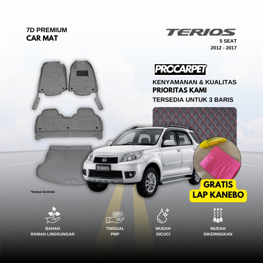Karpet 7D+Karpet Mie Coil ProCarpet Premium Car DAIHATSU TERIOS 5 SEAT 2012-2017 + Bonus Kanebo Karp
